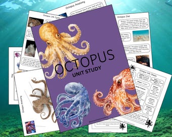May include: A purple background with the word "OCTOPUS" in white letters and the words "UNIT STUDY" in smaller white letters. There are three illustrations of octopuses: one orange, one blue, and one brown. The illustrations are surrounded by white pages with text about octopus anatomy, life cycle, diet, and information sheets.