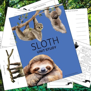 Może przedstawiać: Drukowana jednostka naukowa o leniwcach, w kolorze niebieskim i białym. Tytuł to "Sloth Unit Study". Obraz zawiera ilustracje leniwców, rozsypankę wyrazową i kartę informacyjną.