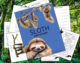 Könnte beinhalten: Ein blaues und weißes druckbares Einheitenstudium über Faultiere. Der Titel lautet "Sloth Unit Study". Das Bild enthält Illustrationen von Faultieren, ein Wort-Scramble und ein Informationsblatt.