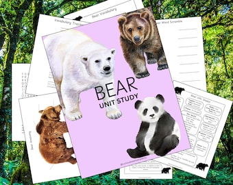 Puede incluir: Un estudio unitario imprimible rosa y blanco para aprender sobre osos. El estudio unitario incluye una búsqueda de palabras de osos, vocabulario de osos, hojas de información de osos y una hoja de trabajo de anatomía de osos. El estudio unitario presenta ilustraciones de un oso polar, un oso pardo y un oso panda.
