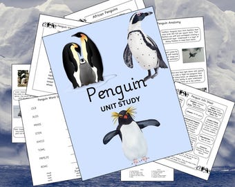May include: A collection of educational printables for a penguin unit study. The main sheet features illustrations of penguins and the title "Penguin Unit Study". Other sheets include vocabulary, anatomy, and information about penguins.