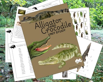 May include: A brown and tan unit study guide for learning about alligators and crocodiles. The guide features illustrations of alligators and crocodiles, as well as text about their diet, vocabulary, and anatomy.
