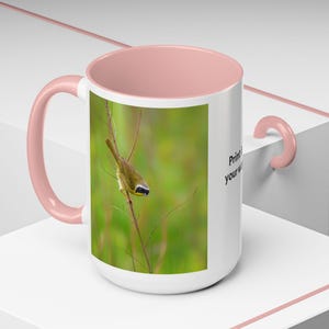 Custom Accent Coffee Mug with Bird - Common Yellowthroat, Nature Lover&#39;s Mug, Bird Watching, Unique Coffee Cup, Home Decor