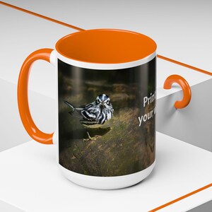 Accent Coffee Mug with Bird - Black and White Warbler, Unique Office Mug, Customizable Coffee Cup, Nature Lover&#39;s Drinkware