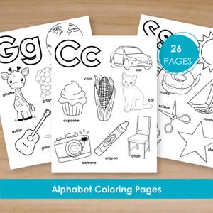 May include: Alphabet coloring pages with illustrations of a giraffe, guitar, cupcake, car, cat, and crayon. The pages are designed for children and include the text "26 PAGES" and "Alphabet Coloring Pages".