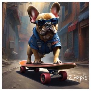 Puede incluir: Un bulldog francés con gafas de sol azules y una chaqueta azul con un parche de la bandera estadounidense está de pie sobre una patineta con ruedas rojas. La patineta está en una acera gris con un edificio en el fondo. El texto "Zippie" está escrito en la acera.