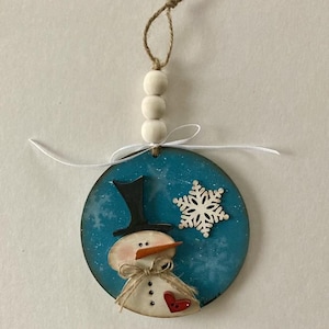 Snowman Ornament, 4 Inch Round, Hand Painted Wood, Tree Decoration, Winter Decor, Farmhouse and Country Decor
