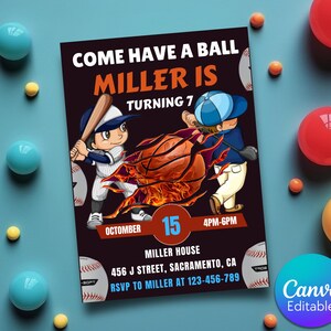 Baseball-Geburtstagseinladung, bearbeitbare Baseball-Geburtstags-Einladung, Jungen-Sport-Themen-Einladung, Feuerball-Baseball-Geburtstags-Einladung