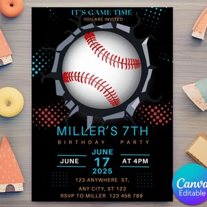 Baseball-Geburtstags-Einladung, bearbeitbare Baseball-Einladung, Junge Sport-Themen-Einladung, moderne Baseball-Junge-Geburtstags-Einladung, sofortiger Download