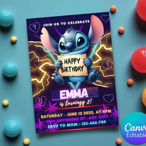 Stitch bearbeitbare Geburtstagseinladung, druckbare Geburtstagseinladung für Kinder, Kinder einladen, Neon Glow Party einladen, Stitch Neon Party einladen