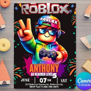 Bearbeitbare Roblox-Einladung, Roblox einladen, Gamer-Party einladen, Roblox Boys-Geburtstagseinladungsvorlage, Roblox Gamer-Geburtstagseinladung