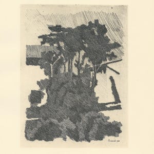 Giorgio MORANDI, litografía de edición limitada FIRMADA y fechada, "Árboles entre dos casas en Grizzana" aprobada por el artista, Rara
