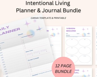 Op de afbeelding: Een 12-pagina's printbare planner- en dagboekbundel met een pastelkleurenschema en een sterrenontwerp. De bundel bevat een dagelijkse planner, een vision board en een dankbaarheidsdagboek.