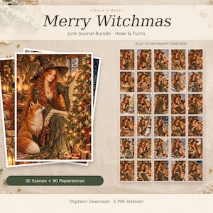 Könnte beinhalten: Ein digitales Junk-Journal-Set mit dem Titel Merry Witchmas, das eine Hexe mit langem rotem Haar und einen Fuchs neben einem Weihnachtsbaum zeigt. Das Set enthält 30 Szenen und 90 Papier-Extras in 5 PDF-Dateien zum Download.