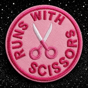 Pink Runs With Scissors Patch, Funny Embroidered Patch, Sewing Lover Gift, Iron On Patch, Cute Pink Badge, Crafting Accessory Alternative
