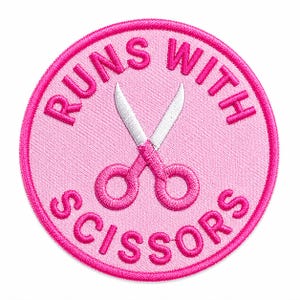 Pink Runs With Scissors Patch, Funny Embroidered Patch, Sewing Lover Gift, Iron On Patch, Cute Pink Badge, Crafting Accessory Alternative