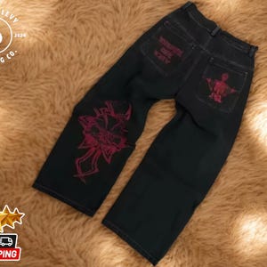 スカルデザイン刺繍ジーンズ | レトロウォッシュバギーデニム | カジュアルルーズワイドレッグストリートウェア | メンズグラフィックポケットパンツ