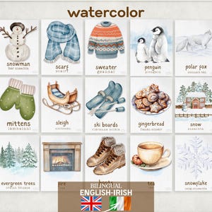 Winter Flash Cards | Bilingual (English – Gaeilge (Irish)) | Watercolor (Digital Download) Printable | Montessori Learning