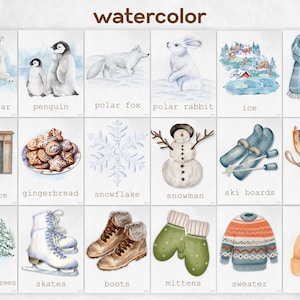 Watercolor Winter Flash Cards | English | Montessori Learning | Nature Cards (Digital Download) Printable