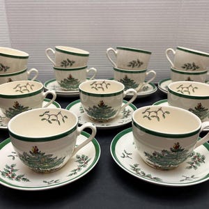 Spode Christmas Tree England Set of 13 Coffee or Tea Cups and Saucers - VTG