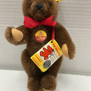 STEIFF 7” TEDDY BEAR W/Red Ribbon Original Tags 0206/18 Brown Mohair - Vintage