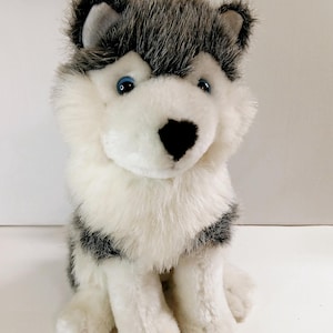 Vintage Husky Plush Puppy, Classic Toy Co, blue-eyed sitting medium-size plush, has a yellow hoop on his head