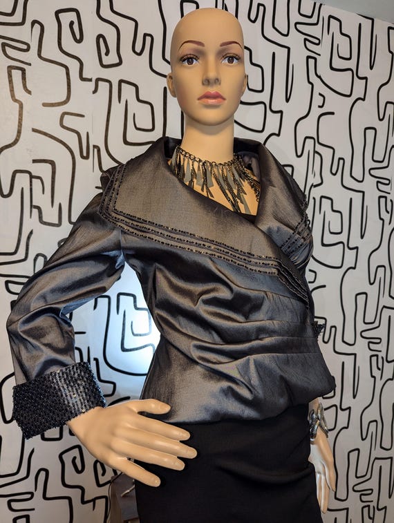 Cosmic Chic: Futuristic Dark Silver Jacket Blouse… - image 2