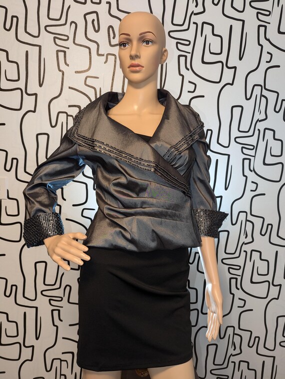 Cosmic Chic: Futuristic Dark Silver Jacket Blouse… - image 5