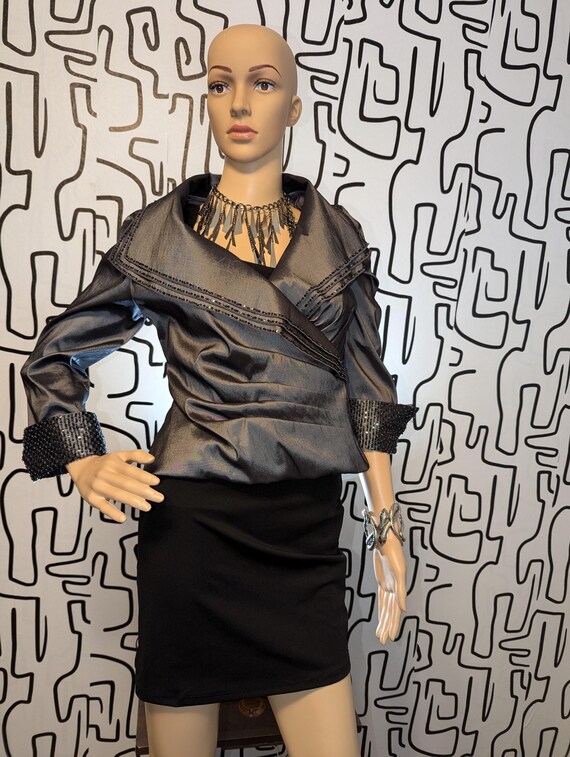 Cosmic Chic: Futuristic Dark Silver Jacket Blouse… - image 1