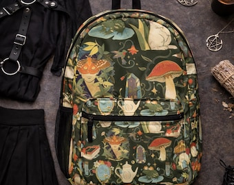 Mochila gótica estilo cottagecore / Mochila de bruja del bosque / Mochila de bosque de hadas oscuras / Mochila de luna de hongos / Mochila escolar alternativa