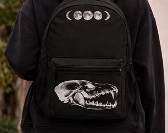 Plecak z czaszką w fazy księżyca | Plecak Gothic Dark Academia | Torba na książki w stylu okultystycznym | Plecak szkolny Witchy | Czarny, estetyczny plecak dzienny