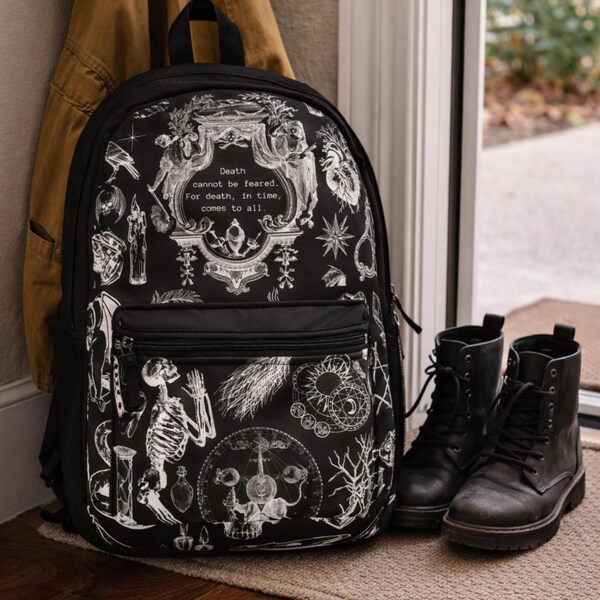 Gothic Occult Backpack | Skeleton & Alchemy Print Bag | Dark Academia Witchy Backpack | Alternative School Bag