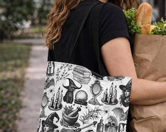 Black and White Vintage Style Witchcraft and Occult Themed Bag Reusable Bag for Groceries Travel Bag