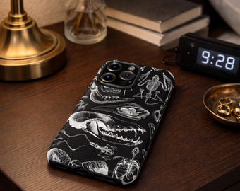 Funda para teléfono con diseño de anatomía gótica / Funda negra para iPhone con esqueleto y calavera / Arte de huesos de Dark Academia / Funda protectora con estética de terror