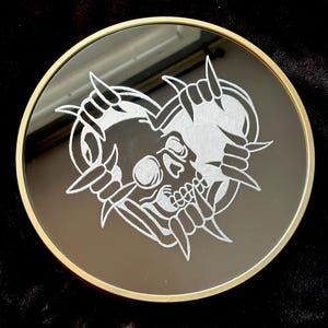 Gothic Heart & Skull Engraved Mirror: Hand-Etched Gold Frame, Dark Art