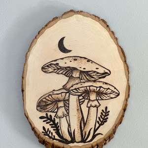 Wood Burned Mushroom Art: Crescent Moon Forest Decor, Rustic Wood Slice