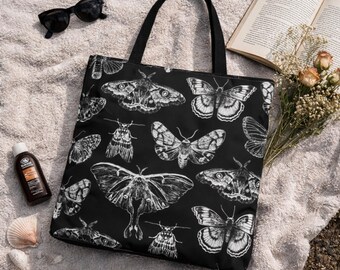 Moth Illustration Tote Bag | Gothic Entomology Art, Dark Academia