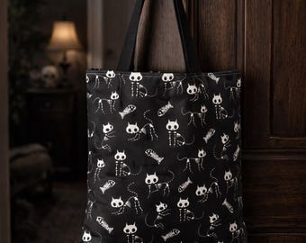 Skelett Katze Einkaufstasche | Gothic Katzentasche | Gruselige schwarze Leinentasche | Geschenk für Katzenliebhaber | Ästhetische Alltagstasche