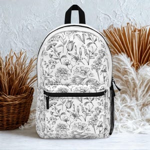Sac à dos floral monochrome Sac à dos botanique noir et blanc Cottagecore vintage d'inspiration légère 17 pouces pour un usage scolaire quotidien