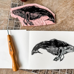 linocut whale, linocut art, original artwork, 5x7 art print, nature art print, hand-carved art, linocut, marine life art, ocean linocut