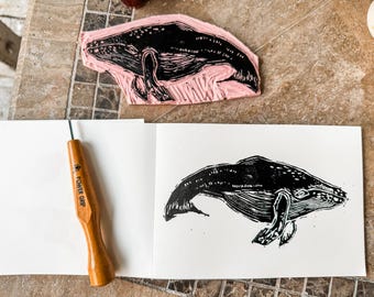 linocut whale, linocut art, original artwork, 5x7 art print, nature art print, hand-carved art, linocut, marine life art, ocean linocut
