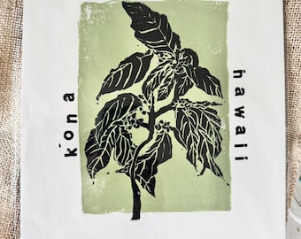 Lino, Kona coffee, Hawaii, kona coffee, hawaiian, linocut prints, nature, plant art, hawaii art, linocut, kitchen artwork, Big island