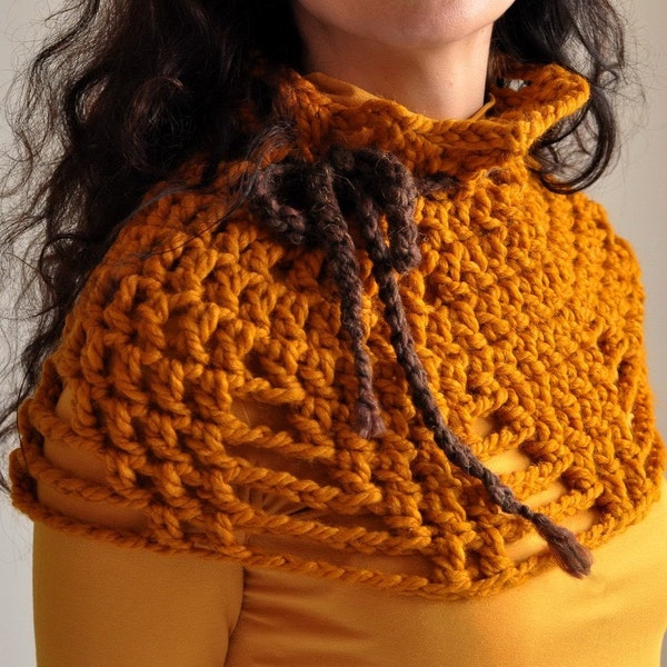 Desert Sunset - crocheted mini-capelet \/ collar \/ cowl in sunny butterscotch - rich golden orange \/ MADE TO ORDER ALSO IN 12 OTHER COLORS