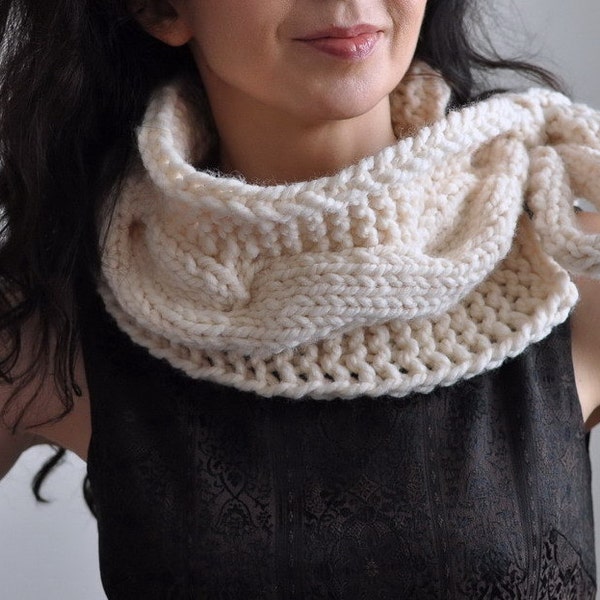 Twist Me Around - hand knit chunky cable texture neckwarmer scarf collar cowl wrap with large tie bow in natural cream or CHOOSE YOUR COLOR