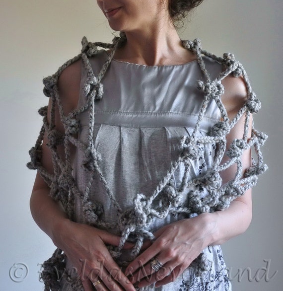 Crochet Openwork Net Scarf Scarflette Shawl Wrap Boho Bohemian Fall Fisherman S Wife In Grey Marble Or Choose Your Color