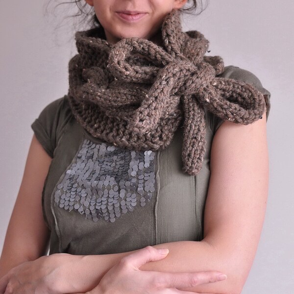 Cable texture hand knit chunky neckwarmer scarf cowl wrap stole with big tie bow - Twist Me Around in chocolate brown or CHOOSE YOUR COLOR