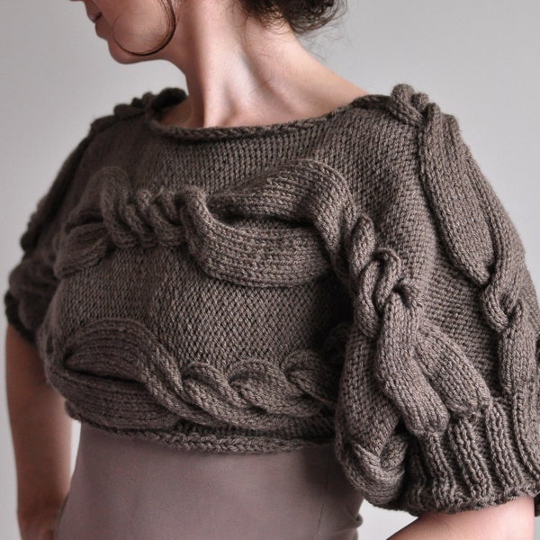 Designer Hand Knit Cropped Sweater Cable Shrug Short Sweater Knit Top Chunky Avant-garde Modern Taupe - From Classic To Modern MADE TO ORDER