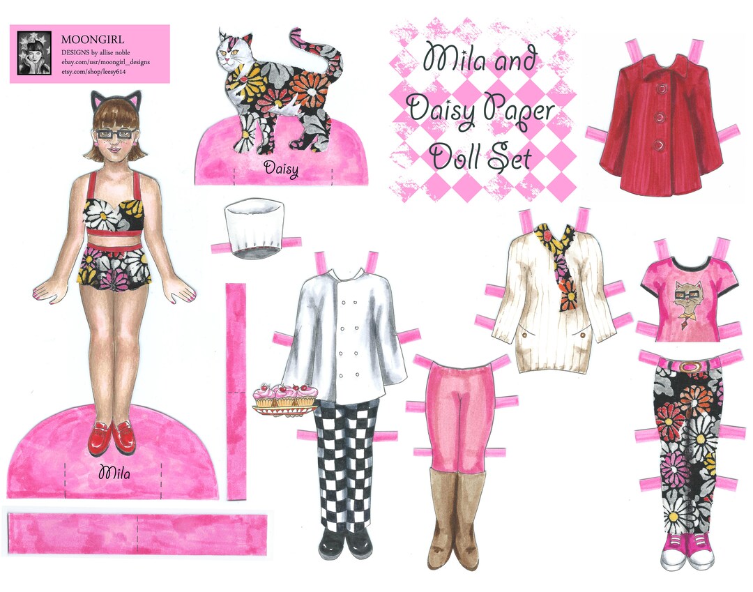 Hand Drawn Paper Doll Set Printable Digital Download Mila Cute Cat ...