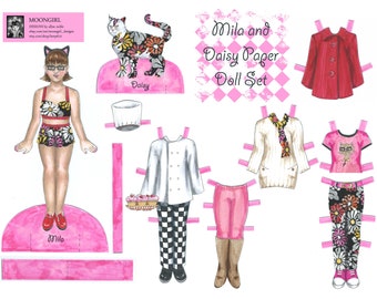 Hand Drawn Paper Doll Set Printable Digital Download Mila - Cute Cat Flower Print Glasses Cupcake Baker Chef Pink