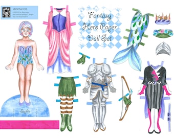 Hand Drawn Paper Doll Set Printable Digital Download Sophie - Fantasy Superhero Mermaid Knight Elf Queen Rainbow Hair